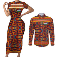 Uzbekistan Couples Matching Short Sleeve Bodycon Dress and Long Sleeve Button Shirt with Traditional Geometric Motif Design - Wonder Print Shop