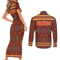 Uzbekistan Couples Matching Short Sleeve Bodycon Dress and Long Sleeve Button Shirt with Traditional Geometric Motif Design - Wonder Print Shop