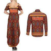 Uzbekistan Couples Matching Summer Maxi Dress and Long Sleeve Button Shirt with Traditional Geometric Motif Design - Wonder Print Shop