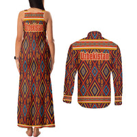 Uzbekistan Couples Matching Tank Maxi Dress and Long Sleeve Button Shirt with Traditional Geometric Motif Design - Wonder Print Shop