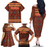 Uzbekistan Family Matching Off The Shoulder Long Sleeve Dress and Hawaiian Shirt with Traditional Geometric Motif Design - Wonder Print Shop