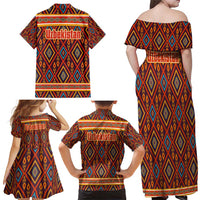 Uzbekistan Family Matching Off Shoulder Maxi Dress and Hawaiian Shirt with Traditional Geometric Motif Design - Wonder Print Shop