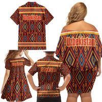Uzbekistan Family Matching Off Shoulder Short Dress and Hawaiian Shirt with Traditional Geometric Motif Design - Wonder Print Shop