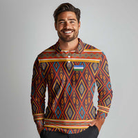 Uzbekistan Long Sleeve Polo Shirt with Traditional Geometric Motif Design - Wonder Print Shop