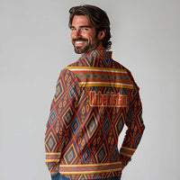 Uzbekistan Long Sleeve Polo Shirt with Traditional Geometric Motif Design - Wonder Print Shop