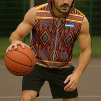 Uzbekistan Sleeveless Zip Hoodie with Traditional Geometric Motif Design - Wonder Print Shop