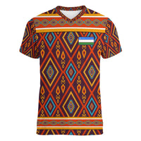 Uzbekistan Women V-Neck T-Shirt with Traditional Geometric Motif Design - Wonder Print Shop