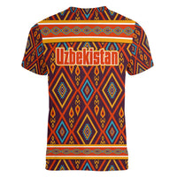 Uzbekistan Women V-Neck T-Shirt with Traditional Geometric Motif Design - Wonder Print Shop