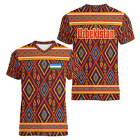 Uzbekistan Women V-Neck T-Shirt with Traditional Geometric Motif Design - Wonder Print Shop