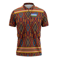 Uzbekistan Zipper Polo Shirt with Traditional Geometric Motif Design - Wonder Print Shop