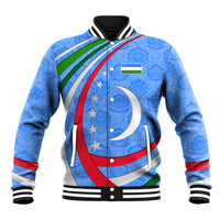 Uzbekistan Baseball Jacket with Crescent Star and Ornamental Swirl Design - Wonder Print Shop