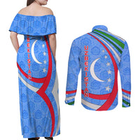 Uzbekistan Couples Matching Off Shoulder Maxi Dress and Long Sleeve Button Shirt with Crescent Star and Ornamental Swirl Design - Wonder Print Shop