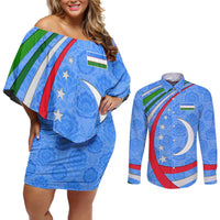 Uzbekistan Couples Matching Off Shoulder Short Dress and Long Sleeve Button Shirt with Crescent Star and Ornamental Swirl Design - Wonder Print Shop