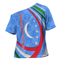 Uzbekistan Cross Shoulder Shirt with Crescent Star and Ornamental Swirl Design - Wonder Print Shop