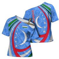Uzbekistan Cross Shoulder Shirt with Crescent Star and Ornamental Swirl Design - Wonder Print Shop