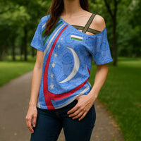 Uzbekistan Cross Shoulder Shirt with Crescent Star and Ornamental Swirl Design - Wonder Print Shop
