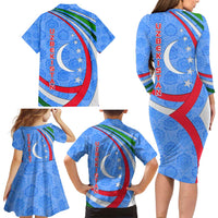 Uzbekistan Family Matching Long Sleeve Bodycon Dress and Hawaiian Shirt with Crescent Star and Ornamental Swirl Design - Wonder Print Shop
