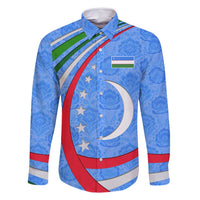 Uzbekistan Family Matching Long Sleeve Bodycon Dress and Hawaiian Shirt with Crescent Star and Ornamental Swirl Design - Wonder Print Shop
