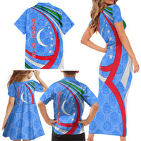 Uzbekistan Family Matching Short Sleeve Bodycon Dress and Hawaiian Shirt with Crescent Star and Ornamental Swirl Design - Wonder Print Shop