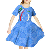 Uzbekistan Kid Short Sleeve Dress with Crescent Star and Ornamental Swirl Design - Wonder Print Shop