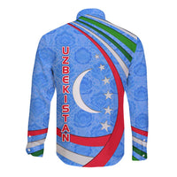 Uzbekistan Long Sleeve Button Shirt with Crescent Star and Ornamental Swirl Design - Wonder Print Shop