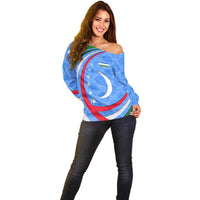 Uzbekistan Off Shoulder Sweater with Crescent Star and Ornamental Swirl Design - Wonder Print Shop