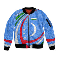 Uzbekistan Sleeve Zip Bomber Jacket with Crescent Star and Ornamental Swirl Design - Wonder Print Shop