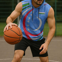Uzbekistan Sleeveless Hoodie with Crescent Star and Ornamental Swirl Design - Wonder Print Shop