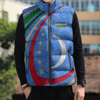Uzbekistan Sleeveless Puffer Jacket with Crescent Star and Ornamental Swirl Design - Wonder Print Shop