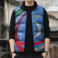 Uzbekistan Sleeveless Puffer Jacket with Crescent Star and Ornamental Swirl Design - Wonder Print Shop