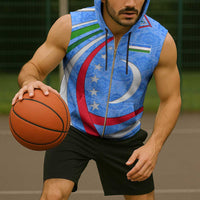 Uzbekistan Sleeveless Zip Hoodie with Crescent Star and Ornamental Swirl Design - Wonder Print Shop