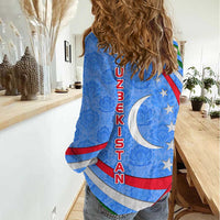 Uzbekistan Women Casual Shirt with Crescent Star and Ornamental Swirl Design - Wonder Print Shop