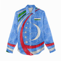 Uzbekistan Women Casual Shirt with Crescent Star and Ornamental Swirl Design - Wonder Print Shop
