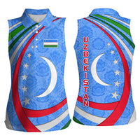 Uzbekistan Women Sleeveless Polo Shirt with Crescent Star and Ornamental Swirl Design - Wonder Print Shop