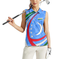 Uzbekistan Women Sleeveless Polo Shirt with Crescent Star and Ornamental Swirl Design - Wonder Print Shop