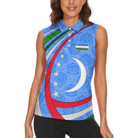Uzbekistan Women Sleeveless Polo Shirt with Crescent Star and Ornamental Swirl Design - Wonder Print Shop