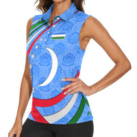 Uzbekistan Women Sleeveless Polo Shirt with Crescent Star and Ornamental Swirl Design - Wonder Print Shop