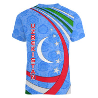 Uzbekistan Women V-Neck T-Shirt with Crescent Star and Ornamental Swirl Design - Wonder Print Shop