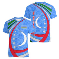 Uzbekistan Women V-Neck T-Shirt with Crescent Star and Ornamental Swirl Design - Wonder Print Shop