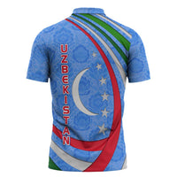 Uzbekistan Zipper Polo Shirt with Crescent Star and Ornamental Swirl Design - Wonder Print Shop