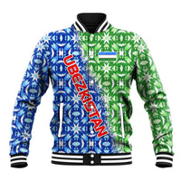 Uzbekistan Baseball Jacket with Ikat Pattern and National Coat of Arms Design - Wonder Print Shop