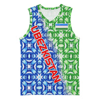 Uzbekistan Basketball Jersey with Ikat Pattern and National Coat of Arms Design - Wonder Print Shop