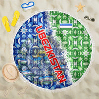Uzbekistan Beach Blanket with Ikat Pattern and National Coat of Arms Design - Wonder Print Shop