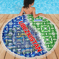 Uzbekistan Beach Blanket with Ikat Pattern and National Coat of Arms Design - Wonder Print Shop