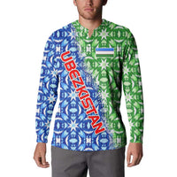 Uzbekistan Button Sweatshirt with Ikat Pattern and National Coat of Arms Design - Wonder Print Shop