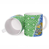 Uzbekistan Ceramic Mug with Ikat Pattern and National Coat of Arms Design - Wonder Print Shop