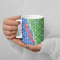 Uzbekistan Ceramic Mug with Ikat Pattern and National Coat of Arms Design - Wonder Print Shop