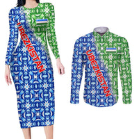 Uzbekistan Couples Matching Long Sleeve Bodycon Dress and Long Sleeve Button Shirt with Ikat Pattern and National Coat of Arms Design - Wonder Print Shop
