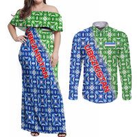 Uzbekistan Couples Matching Off Shoulder Maxi Dress and Long Sleeve Button Shirt with Ikat Pattern and National Coat of Arms Design - Wonder Print Shop