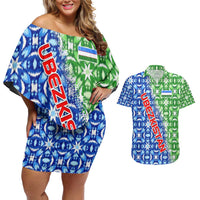 Uzbekistan Couples Matching Off Shoulder Short Dress and Hawaiian Shirt with Ikat Pattern and National Coat of Arms Design - Wonder Print Shop